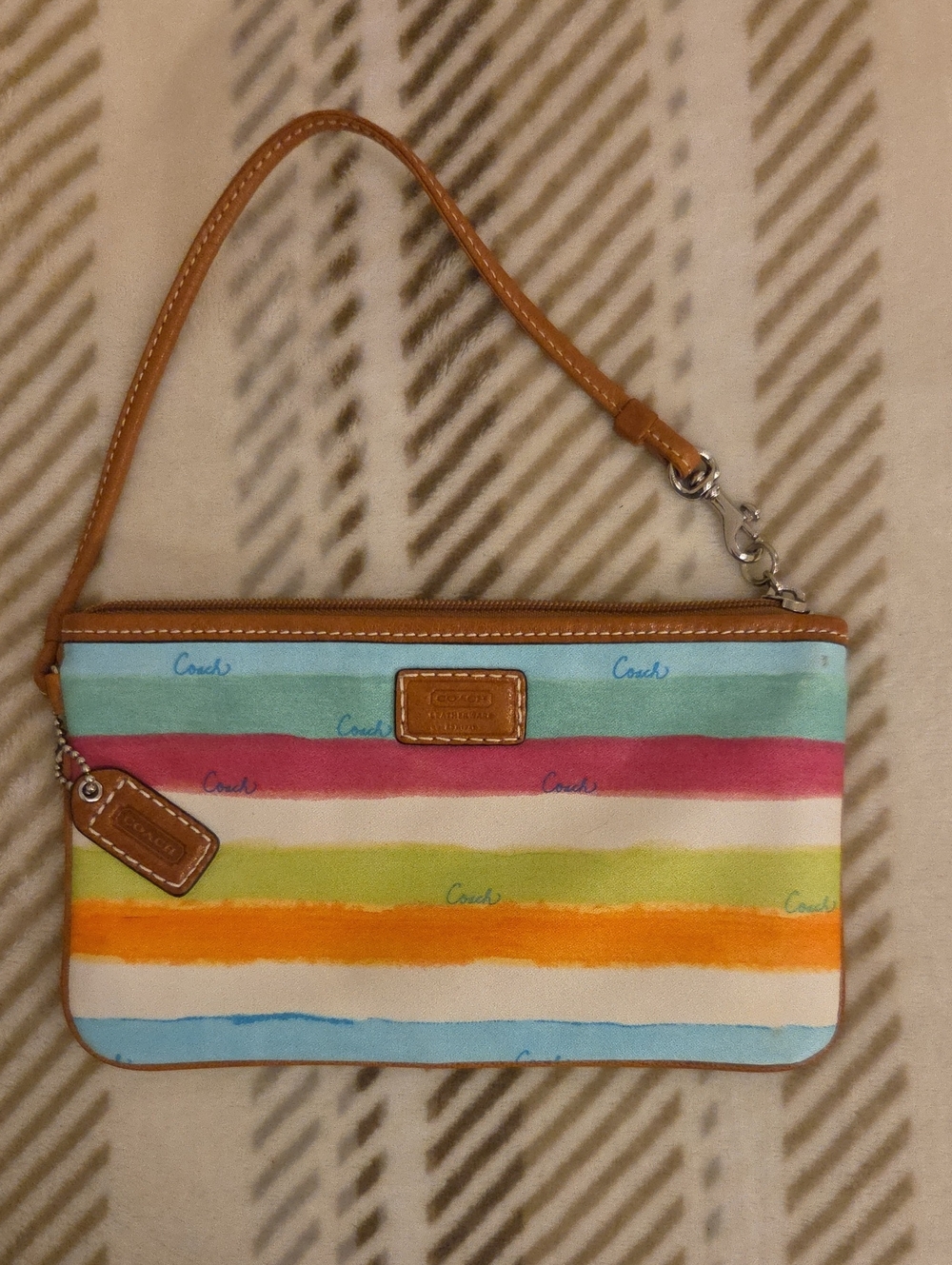 Vintage Y2K Coach Hamptons Watercolor Stripe Pastel Rainbow Canvas Wristlet Bag